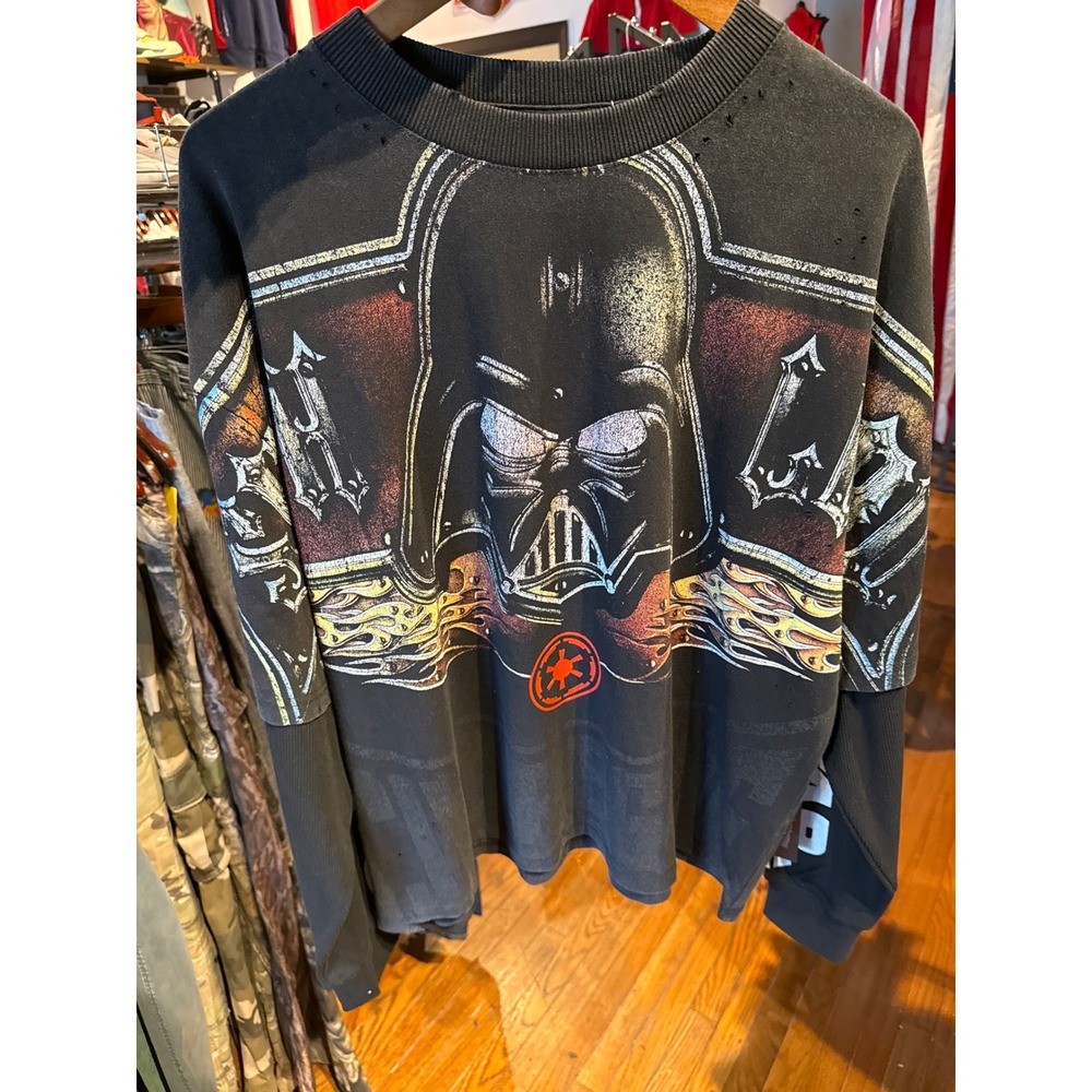 Vintage Star Wars Darth Vader Distressed Graphic Long Sleeve Shirt Black Mens XL
